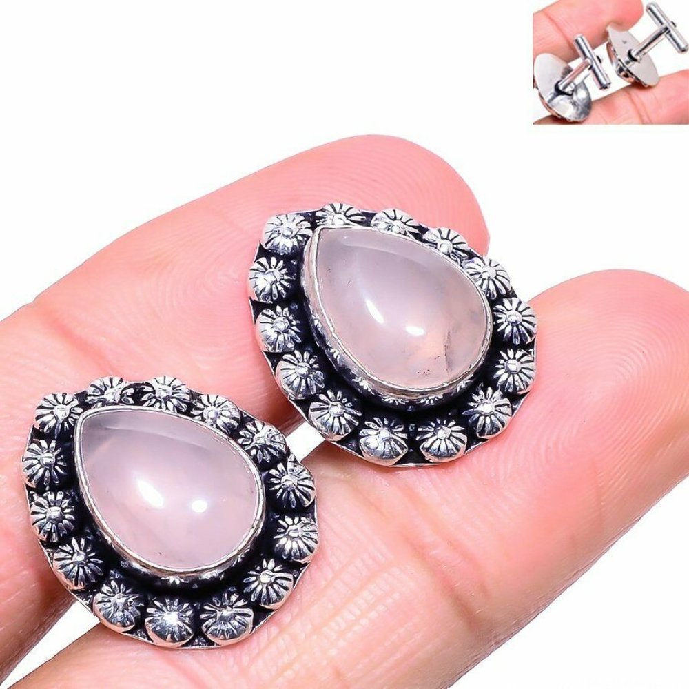 Men's Handmade Rose Quartz 925 Silver Cufflinks